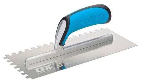 Pro 11-Inch x 4-3/4-Inch Stainless Steel Notch Trowel | 1/4 x 1/4 x 1/4 Square Notch - OX Tools